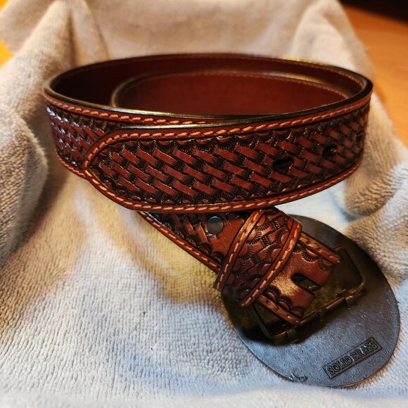 Western Leather Belt sz 38 & Montana Silversmith Brass Buckle Horse - Picture 3 of 6